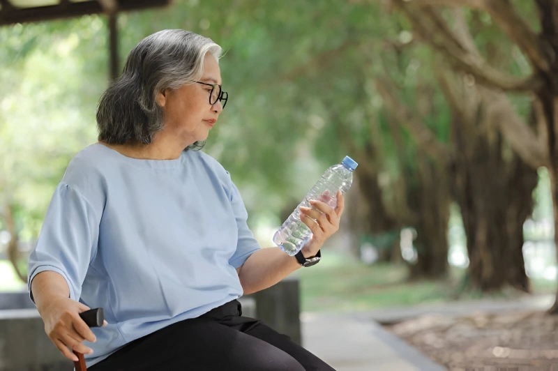 Elderly woman staying hydrated in the forest, checking signs of dehydration