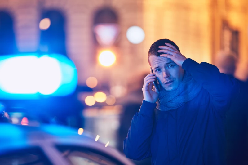 Man calling for emergency medical assistance with police car lights in background