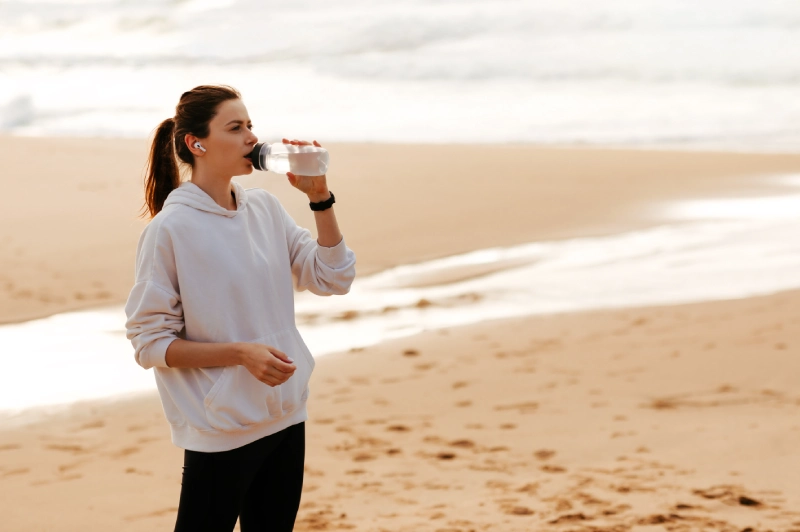 Smiling young woman drinking water in autumn, recognizing the signs of dehydration