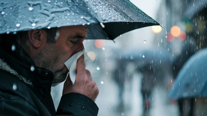 Man sneezing under an umbrella in the rain