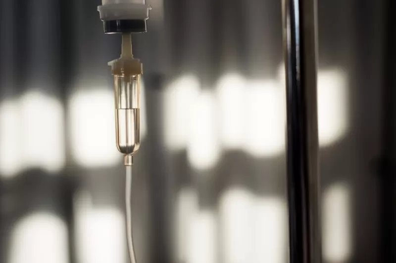 Close-up of an intravenous fluid therapy drip